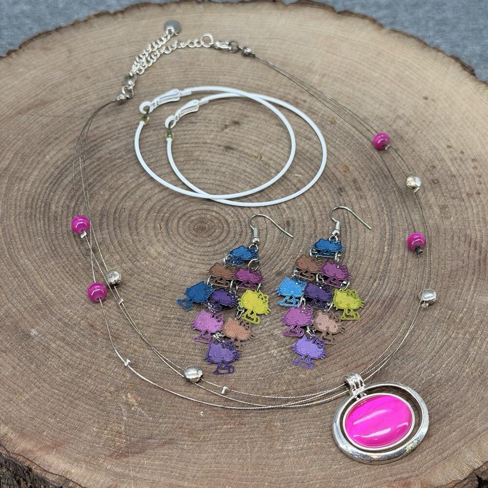 3pc Jewelry Lot Colorful Hello Kitty Dangle Earrings White Hoops Pink Necklace